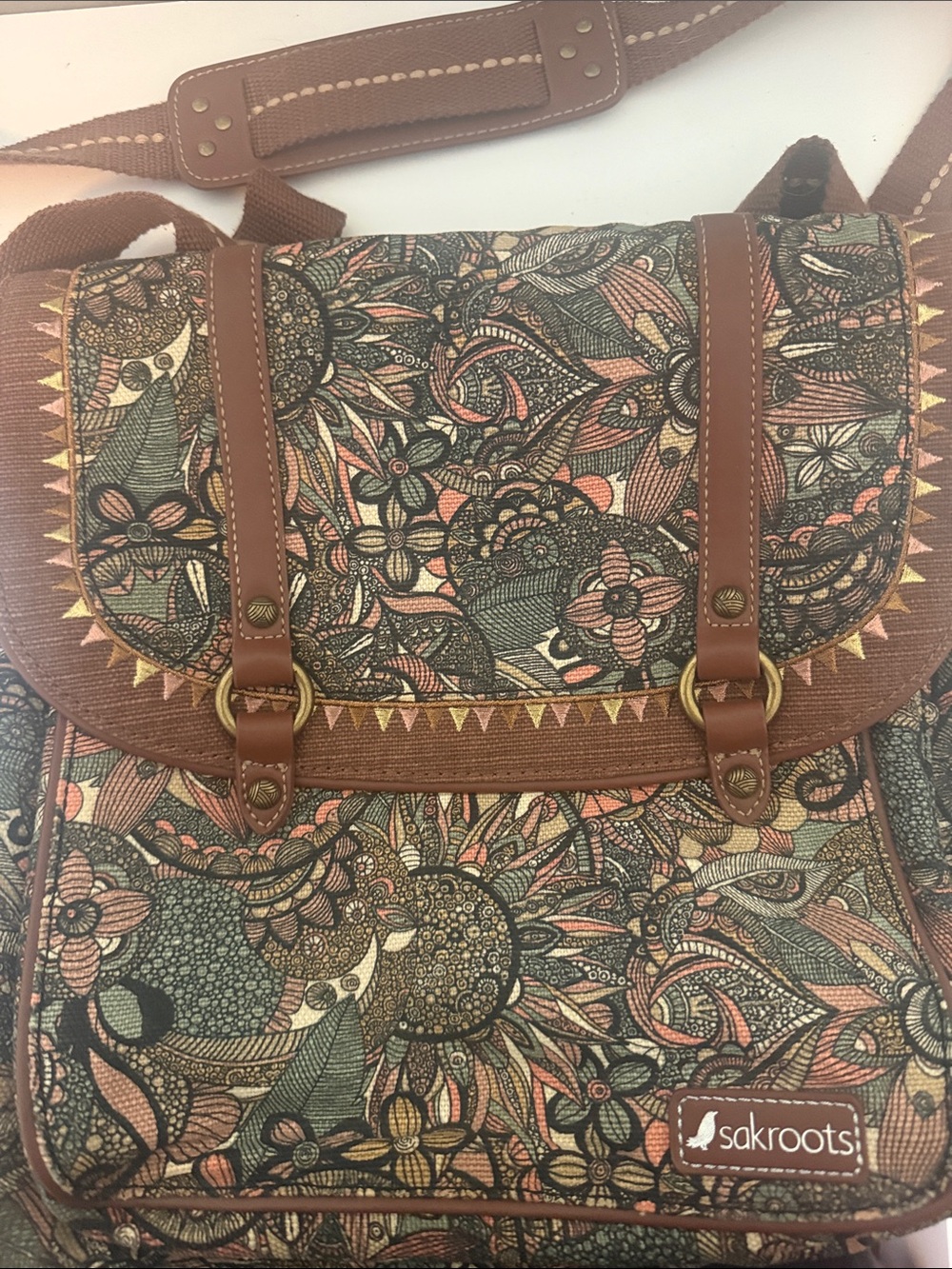 Sakroots Floral Canvas Backpack in Coral, Green & Brown